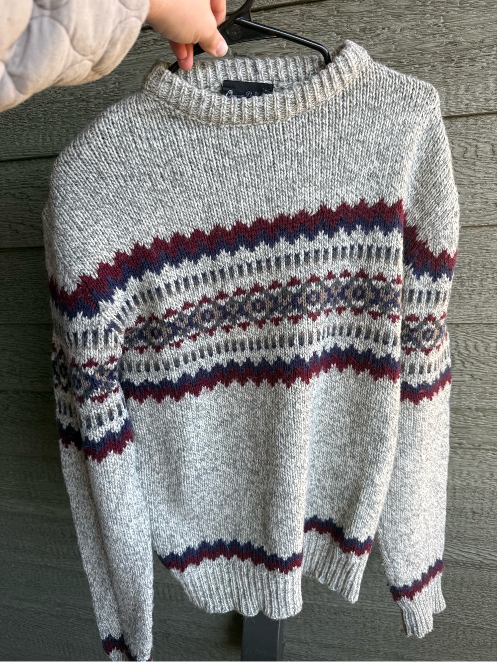 Unisex Gray Fair Isle Crewneck Sweater with Burgundy & Navy Pattern